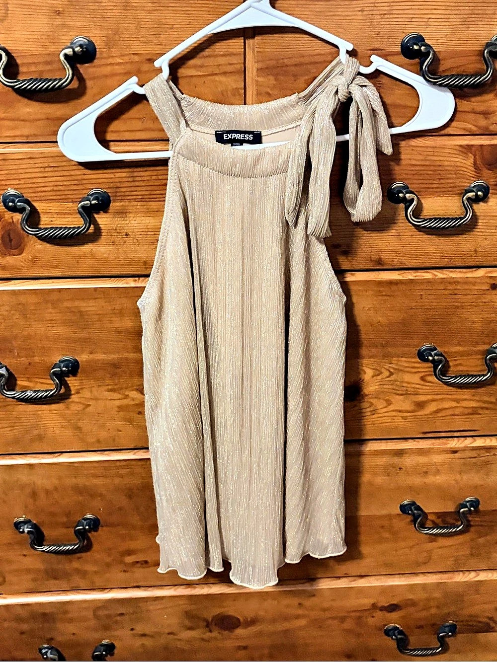 Express Pleated Tie Shoulder blouse in gold